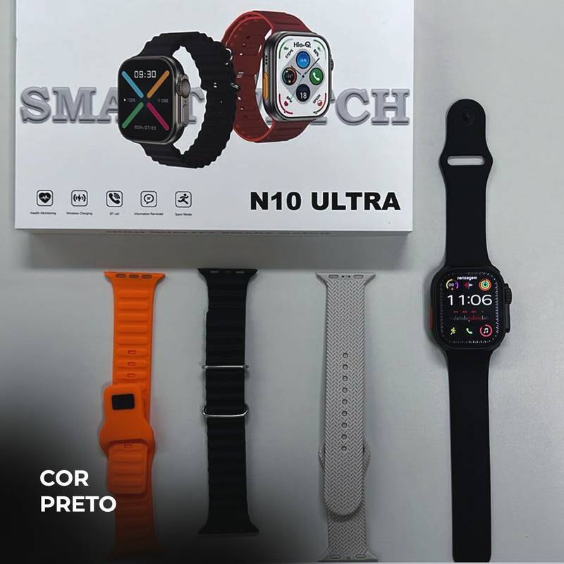 Smartwatch N10 Ultra 49mm | Kit com 4 Pulseiras | Ligações + Funções Premium