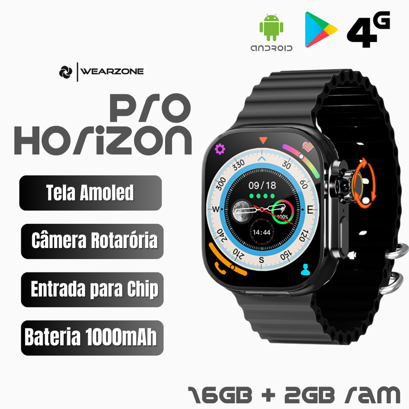 Horizon Pro | Smartwatch 4G/5G com Câmera Rotativa, Tela AMOLED e NFC | 2GB RAM + 16GB ROM