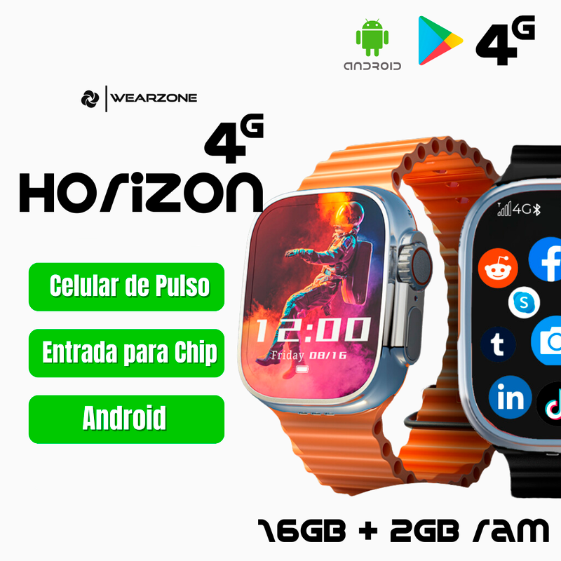 WearZone Horizon 4G | Celular de Pulso com 2GB RAM + 16GB Armazenamento | Acompanha 2 Pulseiras